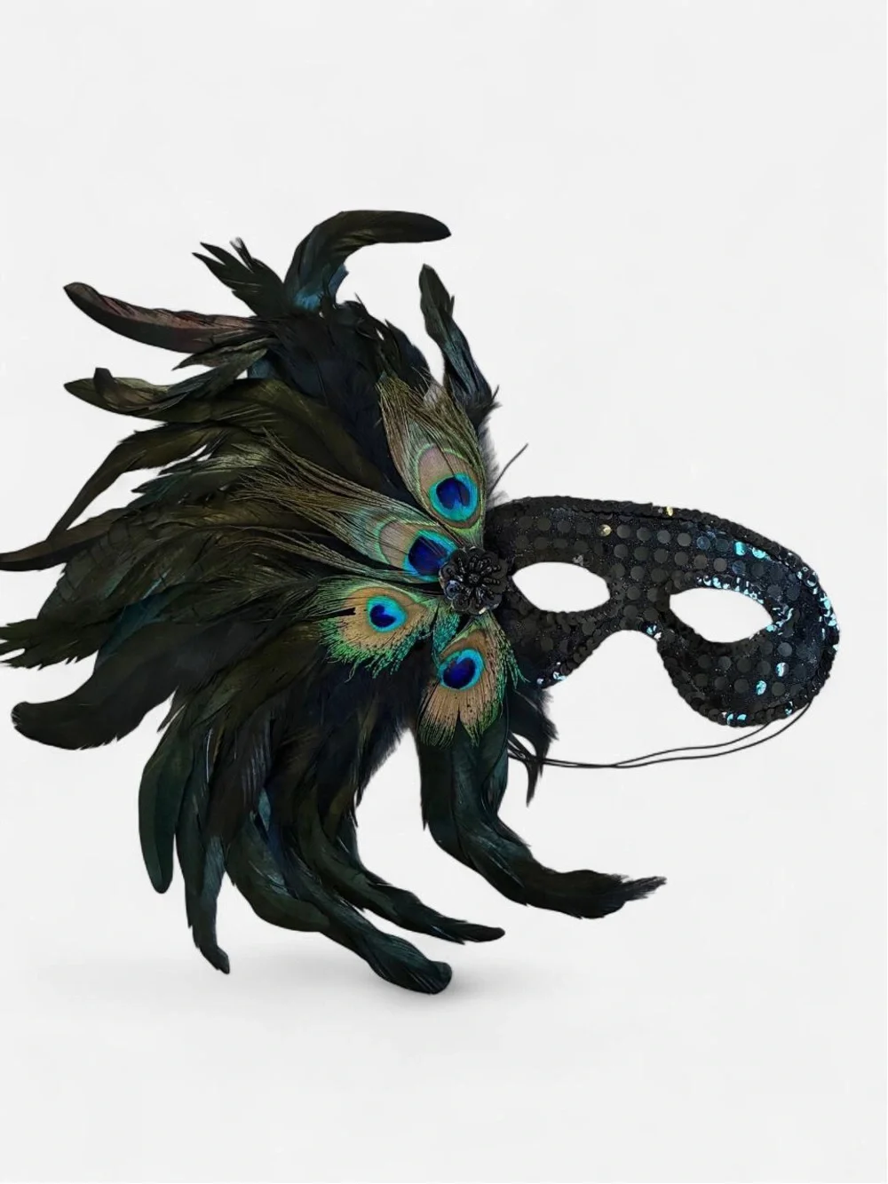 Peacock Feather Black Sequin Masquerade Mask